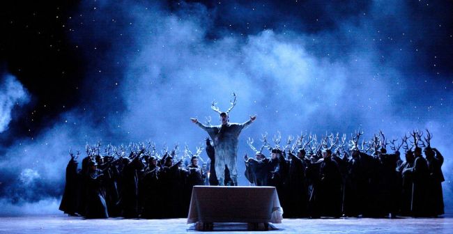 Ambrogio Maestri (center) in the title role of a Verdi's "Falstaff."  Royal Opera House Photo: Catherine Ashmore